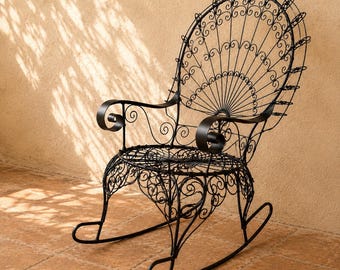 Vintage Wrought Iron Peacock Back Rocking Chair , Salterini Style Garden Rocker, Mediterranean Patio Chair