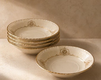 Set of 6 Crooksville China Dessert Bowls | Ivory & Gold Gilt Rim | Vintage American Fine China | Cottage Elegant Tea Service Dishes
