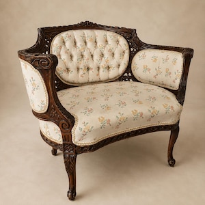 May include: A dark wood loveseat featuring a tufted oval backrest and upholstered seat with a cream fabric base decorated with a small floral pattern in yellow, pink, and green. The frame displays carved wooden details and curved armrests.