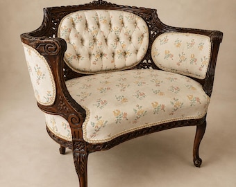Vintage Rococo Revival Barrel-Back Armchair | Carved Wood Floral Parlour Chair