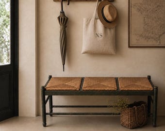Vintage Italian Rush Bench | Olive Green Wood Entryway Seat European Country Furniture