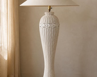 Vintage White Wicker Floor Lamp | Sculptural Hourglass Rattan Lighting