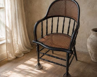 Victorian Cane Armchair with Original Spring Coil Feet | Antique Barrel Back Spindle Chair | English Cottage Decor