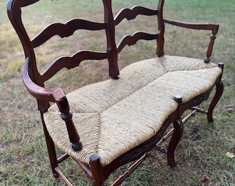 Antique French Provincial Bench , Antique Bench with Rush Seating ,ladderback bench, vintage French Country Bench