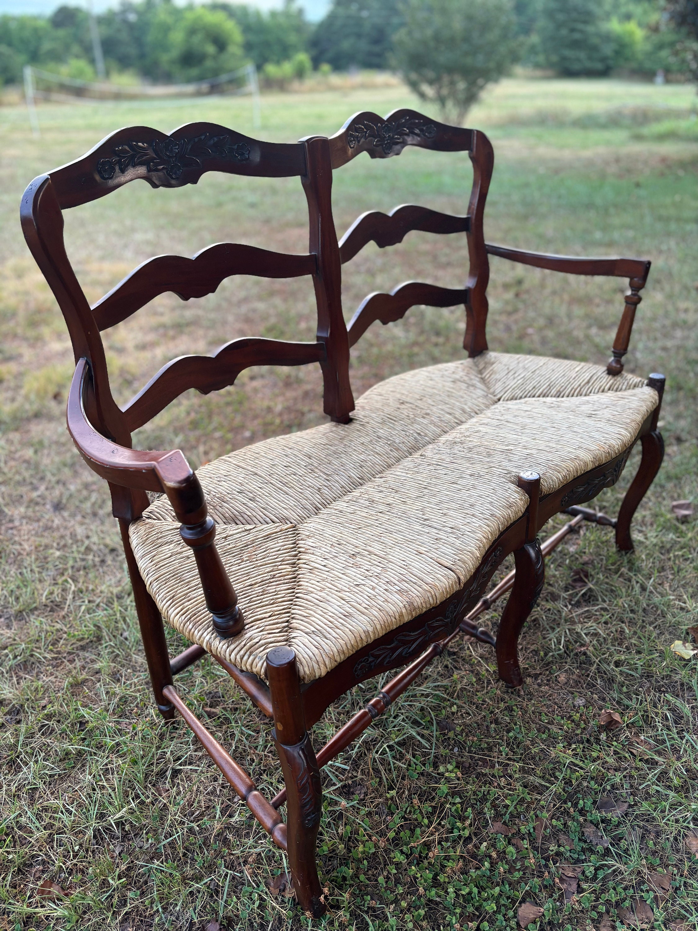 Antique French Provincial Bench , Antique Bench With Rush Seating