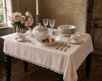 Vintage Blush Pink Tablecloth | Linen Cotton Blend with Ivory Lace Trim