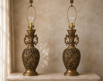 Pair of Vintage Asian Revival Phoenix Table Lamps | Pierced Metal Chinoiserie Lighting