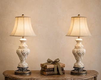 Vintage Italian Cherub Ceramic Lamps Pair | Capodimonte Style Ivory Gold Brass Lighting