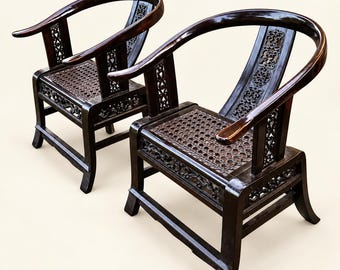 Pair of Vintage Chinese-Style Horseshoe-Back Armchairs | Carved Dark Wood Cane Chairs