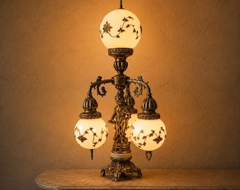 Vintage Cherub Table Lamp | Four Opaline Milk Glass Globes, Ornate Brass Hollywood Regency