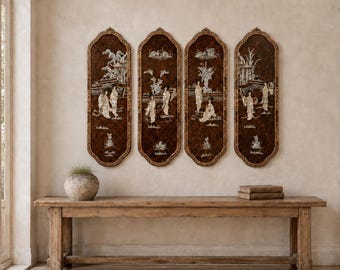 Set of 4 Vintage Chinoiserie Wall Panels | Raised Shell Inlay Asian Figural Art