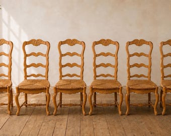 Set of Six French Provincial Ladder-Back Dining Chairs with Rush Seats, Carved Floral Details, Made in France