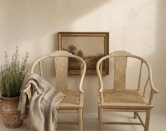 Vintage Henredon Chinoiserie Armchairs Pair | Cream Faux Goatskin Hollywood Regency Cane Style Seats