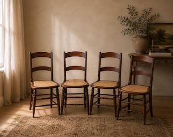 Reserved for Erin - Set of 4 Vintage Walnut Cane Seat Ladderback Chairs, English Country European Cottage Style/Reserved
