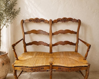 Vintage Carved Rush Bench | French Country Ladderback Settee | European Entryway Seating