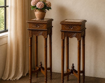 Vintage Carved Wood Pedestal Table with Stone Inlay | Tall Plant Stand