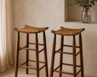 Vintage Rush Seat Stools Pair | Primitive European Farmhouse Counter Stools