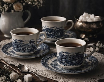 Vintage Blue White Transferware Teacups Saucers – English Cottagecore Tableware Set
