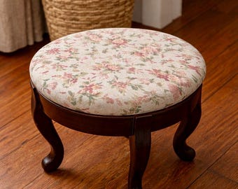 Vintage round wood stool , Floral , Cottagecore, French Country
