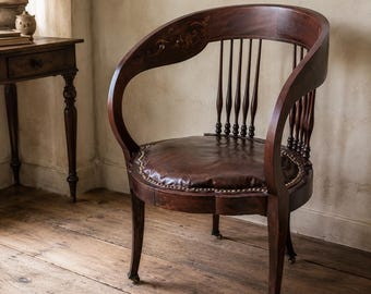Antique Mahogany Corner Chair | Mother of Pearl Floral Marquetry | Upholstered Horseshoe Armchair