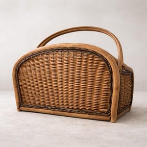 May include: A rectangular wicker basket with a curved handle. The basket is woven with light brown and dark brown wicker, creating a textured surface. The handle is arched and made of the same light brown wicker. The basket is designed for carrying items.