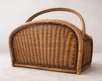 Vintage Rattan Magazine Holder with Bentwood Trim | Mid-Century Storage Basket
