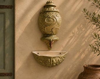 Vintage Olive Green Ceramic Wall Lavabo Fountain | French Country Farmhouse Decor
