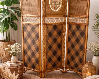 Vintage Rattan Folding Screen | British Colonial Bamboo Room Divider