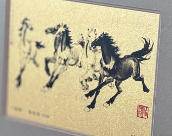 Vintage Japanese Galloping Horses Art Print, Watercolor on Golden Paper