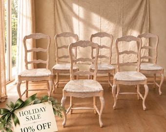 Set of 6 Bleached Wood French Country Dining Chairs, Carved Ladder Back, Woven Seats