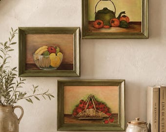 Vintage Still Life Paintings Set | Framed European Cottage Kitchen Art