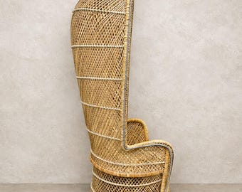 Vintage Rattan Peacock Chair, Tall Boho Throne, Hollywood Regency Statement Seat