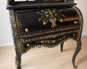 Vintage Black Lacquer Chinoiserie Secretary Desk with Mother of Pearl Inlay Roll Top /Hand Painted Furniture