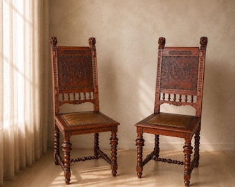 Vintage Spanish Revival Oak Dining Chairs | Pair Carved Griffin Leather Back Chairs |