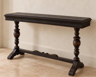 Vintage Trestle Console Table, Narrow Entry Table, Dark Wood Sofa Table, Old World European Style, Turned Leg Hall Table