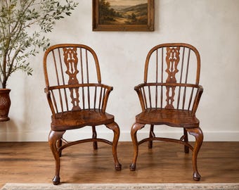 Vintage Solid Oak Windsor Armchairs Set of 2 | Carved Splat Back Dining Chairs