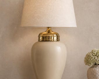 Large Ceramic Urn Table Lamp Base | Cream Taupe Gloss Glaze, Brass Accents, European Style