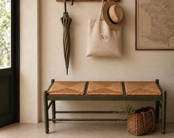 Vintage Made in Italy Rush Bench | Olive Green Three-Panel Woven Seat