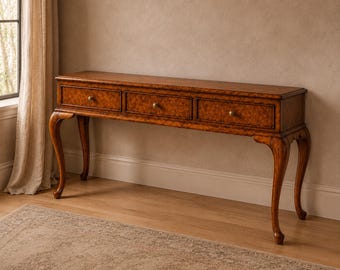 Vintage Burl Wood Console Table | Queen Anne Style Entryway Sofa Table