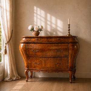 May include: A wooden chest of drawers with a curved front, featuring two large drawers with ornate metal handles, supported by four cabriole legs. A small ceramic vase with white roses and a brass candlestick sit on the top surface.