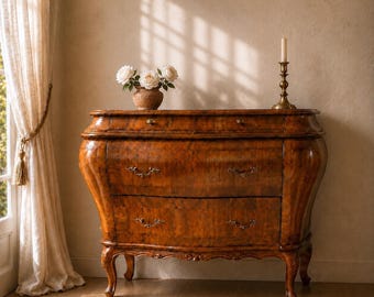 Vintage Italian Fiorini Bombe Chest of Drawers, Walnut Veneer Dresser, Made in Italy, French Provincial Commode, Entry Chest
