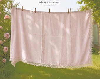 Vintage Blush Pink Linen Tablecloth | Lace Trim Cottage Farmhouse Dining Linen