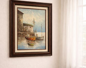 Vintage Harbor Oil Painting: Signed Coastal Seascape by M. Considine