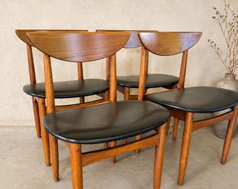 Set of 4 Mid Century Modern Walnut Chairs, Danish Style Black Vinyl Dining Seating