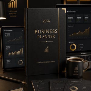 Peut inclure: Un agenda professionnel noir de 2026 avec des détails dorés, une tasse assortie et un ordinateur portable affichant des données financières. L'agenda comprend le texte "Planifier, Stratégier, Croître". Une tablette et des documents sont également présents.