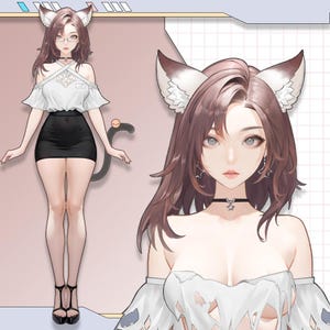 Puede incluir: Ilustración de estilo anime de una persona con cabello castaño, orejas de gato y una cola. La persona lleva una blusa blanca, una falda negra y tacones negros. La ilustración tiene una paleta de colores suaves y pastel.