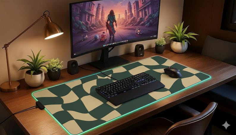 Wavy Checkerboard RGB Mouse Pad | Aesthetic Green & Beige LED Gaming ...