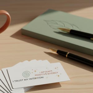 Puede incluir: Una taza color melocotón con vapor junto a un cuaderno verde salvia, dos bolígrafos negros y una pila de tarjetas. Las tarjetas dicen "Confío en mi intuición" y "Atraigo energía positiva."