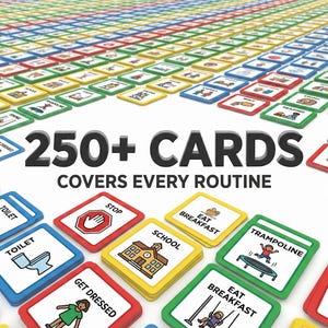 May include: A set of colourful cards with illustrations and text, including "250+ CARDS COVERS EVERY ROUTINE". The cards feature images for daily activities like brushing teeth, using the toilet, and eating breakfast. The cards are in red, green, blue, and yellow.