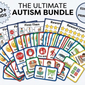 Peut inclure: Un ensemble de cartes éducatives avec le texte "THE ULTIMATE AUTISM BUNDLE" et "250+ CARDS". Les cartes présentent des images et des mots pour la communication, notamment "First-Then", "Reward Chart" et "Math". Les cartes sont colorées et conçues pour l'apprentissage.